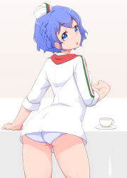 Rule 34 | 1girl, :o, ass, blue eyes, blue hair, braid, contrapposto, cowboy shot, cup, dorothy west, from behind, looking at viewer, looking back, panties, pantyshot, parted lips, pretty series, short hair, solo, standing, teacup, tray, underwear, yonekura hisaki