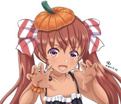 Rule 34 | 1girl, :d, artist name, bare shoulders, black dress, blush, brown eyes, brown hair, collarbone, dark-skinned female, dark skin, dated, dress, fang, halloween, halloween costume, kantai collection, libeccio (kancolle), long hair, open mouth, signature, simple background, smile, solo, tk8d32, twintails, upper body, white background