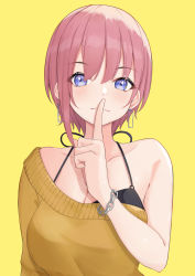 Rule 34 | 1girl, absurdres, bare shoulders, black camisole, blue eyes, bracelet, camisole, collarbone, earrings, finger to mouth, go-toubun no hanayome, highres, index finger raised, jewelry, kuwakuma, nakano ichika, pink hair, short hair, simple background, smile, solo, sweater, upper body, yellow background, yellow sweater