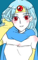 Rule 34 | 1girl, blue hair, blush, breasts, cape, circlet, dragon quest, dragon quest iii, dress, elbow gloves, gloves, inaba tomoe, long hair, looking at viewer, medium breasts, open mouth, red eyes, sage (dq3), simple background, smile, solo