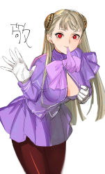 Rule 34 | 1girl, absurdres, brown pantyhose, capcom, capcom fighting jam, commentary request, gloves, hairpods, highres, ingrid (capcom), jacket, long hair, mouth hold, open clothes, open shirt, pantyhose, partially unbuttoned, platinum blonde hair, pleated skirt, purple jacket, purple ribbon, purple skirt, red eyes, ribbon, ribbon in mouth, skirt, solo, tetsu (kimuchi), translated, unbuttoned, unbuttoned shirt, white gloves