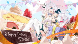 Rule 34 | 1girl, :d, absurdres, bad id, bad pixiv id, blue eyes, bow, cake, cake slice, confetti, doll, double v, dress, food, fruit, gift, hair between eyes, hair bow, happy birthday, headband, highres, homei (honkai impact), homu (honkai impact), honkai (series), honkai impact 3rd, kooemong, long hair, looking at viewer, one eye closed, open mouth, sleeveless, sleeveless dress, smile, solo, strawberry, teeth, theresa apocalypse, thighhighs, twintails, v, white dress, white hair, white sleeves, white thighhighs