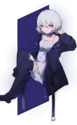 Rule 34 | 1girl, absurdres, black choker, black coat, black thighhighs, choker, chromatic aberration, coat, dress, grey dress, grey hair, hand up, highres, invisible chair, long sleeves, looking at viewer, migihidari (puwako), open clothes, open coat, original, parted lips, red eyes, short dress, short hair, simple background, sitting, solo, thighhighs, white background