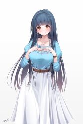 Rule 34 | 1girl, ahoge, aqua eyes, belt buckle, blush, breasts, buckle, collarbone, commentary request, earrings, fingernails, hands on own chest, highres, idolmaster, idolmaster million live!, jewelry, kitakami reika, large breasts, long hair, looking at viewer, necklace, nys, shirt tucked in, signature, simple background, skirt, smile, solo, straight hair, very long hair, watch, white background, white skirt, wristwatch