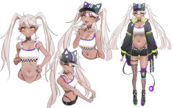Rule 34 | 1girl, animal hat, asymmetrical legwear, boots, breasts, bridal garter, buckle, candy, cat hat, character request, character sheet, checkered clothes, collar, commission, copyright request, crop top, ear piercing, expressions, fishnet thighhighs, fishnets, food, full body, green eyes, hand on own hip, hat, highleg, highleg panties, highres, holding, holding candy, holding food, jacket, kiritzugu, knee pads, legwear garter, lollipop, long hair, looking at viewer, medium breasts, mismatched legwear, mole, mole under eye, multicolored clothes, multicolored jacket, multiple views, navel, navel piercing, open clothes, open mouth, open shorts, outstretched arms, panties, panty straps, piercing, platinum blonde hair, pointy ears, shorts, sidelocks, simple background, single knee pad, skindentation, smug, spaghetti strap, spiked boots, spiked collar, spiked footwear, spikes, standing, stomach, stretching, tail, thigh strap, thighhighs, thumbs up, tongue, tongue out, tongue piercing, twintails, underwear, virtual youtuber, white background