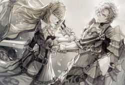 Rule 34 | 1boy, 1girl, armor, blonde hair, breastplate, cape, closed mouth, dress, gauntlets, holding, holding sword, holding weapon, original, pauldrons, petals, senano-yu, shoulder armor, sword, weapon, white cape, white dress, white eyes, white hair, yellow eyes