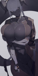 Rule 34 | 1girl, abs, black horns, black skin, breasts, brown eyes, brown jacket, collarbone, colored skin, curled horns, grey hair, highres, horns, huge breasts, ill (ub1mo), injury, jacket, jacket on shoulders, large breasts, long hair, looking at viewer, mechanical arms, muscular, muscular female, navel, original, solo, tail, thick thighs, thighs, toned, ub1mo