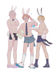 Rule 34 | 3boys, absurdres, america (hetalia), animal ears, ankle socks, axis powers hetalia, bare pectorals, calf socks, covering crotch, covering own mouth, covering privates, denim, denim skirt, detached collar, embarrassed, fake animal ears, fake tail, fingers to head, hand on own hip, heel-less heels, highres, holding, holding tray, huacai, looking at viewer, male focus, male playboy bunny, multiple boys, pectorals, russia (hetalia), salute, skirt, smile, socks, tail, tray, two-finger salute, united kingdom (hetalia), wrist cuffs