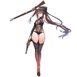 Rule 34 | 1girl, absurdres, antique firearm, armpits, boots, breasts, brown hair, cleavage, clock, clock eyes, date a live, female focus, firearm, firelock, flintlock, full body, gradient hair, gun, heterochromia, highres, large breasts, leotard, looking at viewer, multicolored hair, navel, one-piece swimsuit, red eyes, ringobatake, see-through, see-through cleavage, see-through leotard, simple background, skindentation, solo, standing, swimsuit, symbol-shaped pupils, thigh boots, tokisaki kurumi, twintails, uneven twintails, weapon, yellow eyes