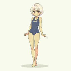 Rule 34 | 1boy, androgynous, barefoot, dark skin, dark-skinned male, full body, long legs, male focus, name tag, old school swimsuit, one-piece swimsuit, pas (paxiti), pink hair, red eyes, school swimsuit, short hair, solo, standing, swimsuit, trap