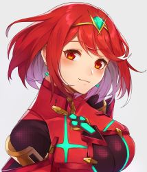 Rule 34 | 1girl, armor, blush, breasts, chest jewel, earrings, gem, headpiece, highres, jewelry, kamu (kamuuei), large breasts, nintendo, pyra (xenoblade), red eyes, red hair, short hair, shoulder armor, simple background, smile, solo, swept bangs, tiara, white background, xenoblade chronicles (series), xenoblade chronicles 2