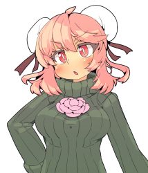 Rule 34 | 1girl, :o, blush, breasts, bun cover, double bun, flower, ibaraki kasen, ini (inunabe00), ini phm, looking at viewer, open mouth, pink eyes, pink hair, red eyes, ribbed sweater, short hair, simple background, solo, sweater, touhou, turtleneck, upper body, white background