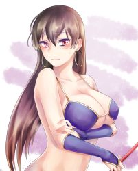 Rule 34 | 1girl, absurdres, akaji (alpha0107), bare shoulders, bikini, blush, breasts, brown hair, cleavage, collarbone, commentary request, earrings, fate/grand order, fate (series), hair between eyes, highres, holding, hoop earrings, jewelry, large breasts, long hair, looking at viewer, purple eyes, solo, sweatdrop, swimsuit, upper body, xuangzang sanzang (fate)