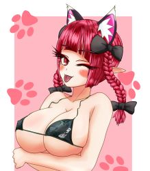 Rule 34 | 1girl, ;p, absurdres, animal ears, bikini, bow, braid, breast hold, breasts, cat ears, crossed arms, extra ears, hair bow, heart, highres, kaenbyou rin, looking at viewer, one eye closed, paw print, pointy ears, red eyes, red hair, solo, sugar you, swimsuit, tail, tongue, tongue out, touhou, twin braids