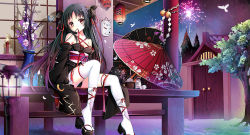 Rule 34 | 1girl, bare shoulders, black hair, blush, breasts, cat, cleavage, detached sleeves, fireworks, gyaza, hair ribbon, japanese clothes, kimono, long hair, mask, medium breasts, mouth hold, obi, oil-paper umbrella, porch, red eyes, ribbon, sash, solo, thighhighs, umbrella, white thighhighs, yaya (machine-doll)