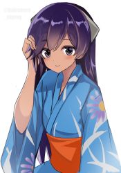 Rule 34 | 1girl, black eyes, blue kimono, commentary request, fathom, floral print, headgear, highres, i-400 (kancolle), japanese clothes, kantai collection, kimono, long hair, looking at viewer, purple hair, simple background, smile, solo, tan, upper body, white background, yukata