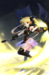 Rule 34 | 00s, 1girl, arm strap, armband, armpits, ass, bardiche (nanoha), bardiche (scythe form) (nanoha), belt, belt skirt, black gloves, black thighhighs, blonde hair, breasts, cape, dated, electricity, energy weapon, fate testarossa, fate testarossa (movie 1st form), from side, full body, gloves, glowing, gradient background, hair ribbon, halterneck, highres, holding, holding weapon, leg lift, leg up, leotard, looking at viewer, looking back, lyrical nanoha, magical girl, mahou shoujo lyrical nanoha, miniskirt, night, night sky, outdoors, pleated skirt, polearm, red eyes, ribbon, runes, scythe, see-through, showgirl skirt, signature, skirt, sky, small breasts, solo, staff, standing, standing on one leg, star (sky), thighhighs, turtleneck, weapon, wind, wind lift, yuitsuki1206