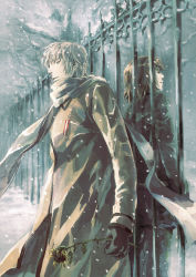 Rule 34 | 2boys, against fence, axis powers hetalia, back-to-back, bad id, bad pixiv id, black coat, black gloves, blonde hair, brown coat, coat, fence, flower, gloves, grey eyes, grey hair, grey theme, highres, holding, holding flower, ironwork, kamamoto (monotonecolor), lithuania (hetalia), long coat, long sleeves, looking away, male focus, medal, multiple boys, pale skin, russia (hetalia), scarf, snow, snowing, sunflower, white scarf, winter, winter clothes