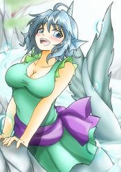Rule 34 | 1girl, blue eyes, blue hair, blush, breasts, casual one-piece swimsuit, cleavage, d-m (dii emu), dress swimsuit, drill hair, fins, fish tail, head fins, highres, mermaid, misty lake, monster girl, one-piece swimsuit, open mouth, sash, smile, solo, swimsuit, tail, touhou, wakasagihime, water