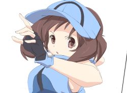 Rule 34 | 1girl, ace trainer (pokemon), black gloves, blue hat, brown eyes, brown hair, commentary request, creatures (company), fingerless gloves, game freak, gloves, hand up, hat, highres, looking at viewer, nagitaro, nintendo, npc trainer, pokemon, pokemon sm, short hair, sleeveless, solo, upper body, visor cap