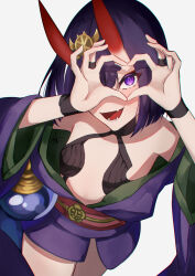 Rule 34 | 1girl, absurdres, bare shoulders, bob cut, breasts, bridal gauntlets, eyeliner, fate/grand order, fate (series), gourd, headpiece, heart, heart hands, highres, horns, izanaware game, japanese clothes, kimono, long sleeves, looking at viewer, makeup, obi, off shoulder, oni, open mouth, purple eyes, purple hair, purple kimono, revealing clothes, sash, short hair, short kimono, shuten douji (fate), skin-covered horns, small breasts, smile, solo, wide sleeves