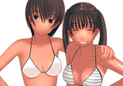 Rule 34 | 2girls, bikini, blush, breasts, brown hair, closed eyes, collarbone, hand on another&#039;s shoulder, kiriman (souldeep), large breasts, long hair, multiple girls, original, parted lips, striped bikini, striped clothes, swimsuit, twintails, upper body, white background, white bikini