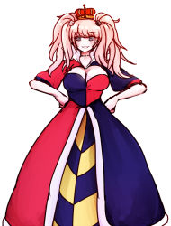 Rule 34 | 10s, 1girl, alice in wonderland, blue eyes, breasts, cleavage, cosplay, crown, danganronpa: trigger happy havoc, danganronpa (series), drawfag, dress, enoshima junko, hands on own hips, jewelry, large breasts, long dress, long hair, necklace, pink hair, queen of hearts (alice in wonderland), queen of hearts (cosplay), solo, spoilers, twintails