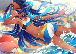 Rule 34 | 1girl, armlet, ass, back, ball, bare shoulders, beach, beachball, bike shorts, blue eyes, blue eyeshadow, blue hair, blush, breasts, cluseller, creatures (company), dark-skinned female, dark skin, earclip, earrings, eyeshadow, fang, female focus, foot up, forehead, game freak, gym leader, hair ornament, hairclip, hand up, happy, hoop earrings, jewelry, lens flare, light blush, long hair, looking at viewer, looking back, lying, makeup, multicolored hair, nessa (pokemon), nintendo, on stomach, open mouth, outdoors, poke ball theme, pokemon, pokemon swsh, sand, sandals, shiny skin, small breasts, smile, solo, streaked hair, sunlight, teeth, transparent, two-tone hair, very long hair, water, white footwear