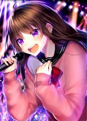 Rule 34 | 1girl, :d, black sailor collar, blurry, blurry background, blush, bow, brown hair, commentary request, crying, crying with eyes open, depth of field, hair between eyes, hands up, highres, holding, holding microphone, long hair, long sleeves, maria (maria0304), microphone, open mouth, original, pink sweater, purple eyes, red bow, round teeth, sailor collar, school uniform, serafuku, shirt, sleeves past wrists, smile, solo, sweater, tears, teeth, upper body, upper teeth only, white shirt