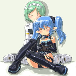 Rule 34 | 10s, 2girls, bad id, bad pixiv id, blue hair, blush, busou shinki, dd (ijigendd), doll joints, green hair, joints, mecha musume, multiple girls, pointy ears, sleeping, thighhighs, twintails, valona, werkstra