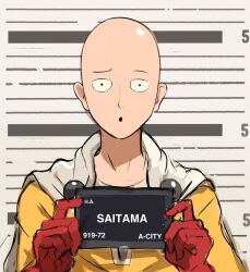 Rule 34 | 1boy, :o, bald, barbie (franchise), barbie (live action), barbie mugshot (meme), bodysuit, cape, character name, gloves, grey cape, highres, holding, holding sign, looking at viewer, male focus, meme, one-punch man, rakeemspoon, red gloves, saitama (one-punch man), sign, solo, upper body, yellow bodysuit