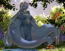 Rule 34 | 1girl, :p, ahoge, blue dress, blue eyes, blue skin, blush, breasts, bush, colored skin, cup, dappled sunlight, dress, female focus, flower, food, grass, hair between eyes, hair intakes, holding, holding cup, jinnakub, kettle, lamia, large breasts, looking at viewer, macaron, monster girl, nature, original, outdoors, plate, plunging neckline, pointy ears, scales, second-party source, shade, sleeveless, sleeveless dress, smile, solo, sunlight, teacup, tongue, tongue out, tree, white hair