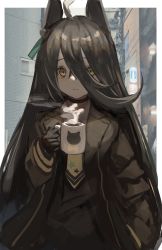 Rule 34 | 1girl, absurdres, ahoge, animal ears, black gloves, bow print, brown choker, brown coat, brown hair, building, choker, closed mouth, coat, coffee, coffee mug, cup, gloves, hair between eyes, hair ornament, hand in pocket, highres, holding, holding cup, long hair, manhattan cafe (umamusume), mug, necktie, neckwear request, open clothes, open coat, outdoors, reflection, siena (moratoriummaga), sign, sleeves past wrists, solo, star (symbol), star print, steam, umamusume, utility pole, yellow eyes, yellow necktie