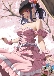 Rule 34 | 1girl, :d, absurdres, akihiro0920, black choker, black hair, blunt bangs, blush, breasts, cherry blossoms, choker, collarbone, commentary request, dress, flower, hair flower, hair ornament, highres, medium breasts, open mouth, original, outdoors, pink dress, pink flower, pink rose, purple eyes, red flower, red rose, rose, short hair, sidelocks, smile, solo, strapless, strapless dress, twintails
