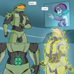 Rule 34 | 1boy, 1girl, ass, bintend9, blue eyes, breasts, cortana, english text, halo (game), highres, master chief, medium breasts, nipples, open mouth, short hair, spartan (halo), text focus
