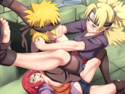 Rule 34 | 1boy, 2girls, anilingus, arms around neck, ass, ass grab, ass hold, bike shorts, blonde hair, blue eyes, blush, boots, breasts, carrying, clenched teeth, clothed sex, clothes pull, crack, cracked floor, cracks, eye contact, facing another, feet, ffm threesome, fishnets, floor, forehead protector, functionally nude, glasses, group sex, headband, hetero, jacket, japanese clothes, karin (naruto), kimono, kunoichi, leg up, legs on shoulders, legs up, licking, lifting person, long hair, long sleeves, looking at another, looking up, lying, maku (l-u), matching hair/eyes, medium breasts, mesh, multiple girls, naruto, naruto (series), naruto shippuuden, navel, ninja, on back, on floor, open mouth, open toe boots, oral, orange pants, pants, pants pull, quad tails, red eyes, red hair, red sash, riding, sandals, sash, sex, short hair, short sleeves, shorts, spiked hair, spread legs, standing, standing sex, sunagakure symbol, suspended congress, sweat, teeth, temari (naruto), threesome, tile floor, tiles, toeless footwear, toes, tongue, tongue out, uzumaki naruto