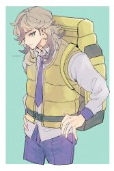 Rule 34 | 1boy, arven (pokemon), backpack, bag, brown hair, collared shirt, creatures (company), ei (gibeon), game freak, green eyes, hair over one eye, hands on own hips, highres, light brown hair, long hair, multicolored hair, necktie, nintendo, open clothes, open vest, pants, pokemon, pokemon sv, purple necktie, purple pants, school uniform, shirt, smile, two-tone hair, uva academy school uniform, vest, yellow bag, yellow vest