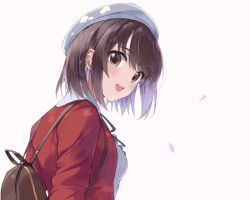 Rule 34 | 1girl, beret, blush, brown eyes, brown hair, commentary, hair between eyes, hat, jacket, katou megumi, long sleeves, looking at viewer, looking back, open clothes, open jacket, open mouth, red jacket, saenai heroine no sodatekata, shirt, simple background, smile, solo, symbol-only commentary, teeth, upper body, upper teeth only, white background, white hat, white shirt, yanagi marie