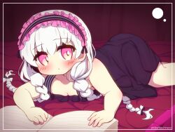 Rule 34 | 1girl, absurdres, bare arms, bare shoulders, bed sheet, black bow, black dress, black hairband, blush, book, bow, braid, breasts, closed mouth, collarbone, commentary request, downblouse, dress, fate/extra, fate (series), feet out of frame, frilled hairband, frills, hair bow, hair over shoulder, hairband, highres, long hair, low twintails, nursery rhyme (fate), open book, pink eyes, sleeveless, sleeveless dress, small breasts, solo, striped clothes, striped hairband, twin braids, twintails, very long hair, white bow, white hair, yuya090602