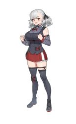 Rule 34 | 1girl, absurdres, breasts, detached sleeves, full body, girls&#039; frontline, grey hair, highres, knee pads, large breasts, looking at viewer, open mouth, red eyes, shoes, simple background, skirt, solo, spas-12 (girls&#039; frontline), standing, thighhighs, urrrt, white background