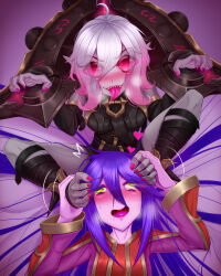 Rule 34 | 2girls, ^^^, ahoge, blush, breasts, briar (league of legends), claw pose, colored sclera, colored skin, drooling, feet on head, female focus, fingernails, foot on another&#039;s face, foot worship, grey hair, grey skin, hair between eyes, heart, highres, league of legends, long hair, long sleeves, lulu (league of legends), medium breasts, multicolored hair, multiple girls, oldlim, open mouth, pillory, pink eyes, pink hair, pointy ears, purple hair, purple skin, rolling eyes, saliva, saliva trail, sharp fingernails, sharp teeth, spread legs, streaked hair, sweatdrop, teeth, thighs, toeless footwear, tongue, tongue out, two-tone hair, vampire, wrist cuffs, yellow eyes, yordle