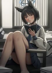 Rule 34 | 1girl, absurdres, animal ears, ass, black eyes, black hair, black nails, black sailor collar, black skirt, blue archive, blue halo, blue neckerchief, blush, book, cat ears, cat tail, feet out of frame, fingernails, gileu, halo, highres, holding, holding book, kikyou (blue archive), long sleeves, looking at viewer, multiple tails, nail polish, neckerchief, open mouth, pleated skirt, sailor collar, short hair, skirt, solo, tail, two tails