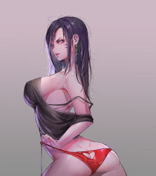 Rule 34 | 1girl, absurdres, ass, ass cutout, bare shoulders, bikini, breasts, butt crack, clothing cutout, covered erect nipples, dimples of venus, earrings, facial mark, fang, forehead mark, from behind, gg amang, heart cutout, highres, jewelry, kai&#039;sa, league of legends, lips, long hair, looking at viewer, looking back, markings, nail polish, off shoulder, purple eyes, purple hair, side-tie bikini bottom, sideboob, simple background, solo, spaghetti strap, swimsuit