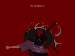 Rule 34 | 1girl, alternate costume, arm up, birthday, blue hair, clenched hands, closed eyes, commentary request, enemy (noropii 919), facing viewer, floating hair, grin, hatsune miku, hood, hood down, hoodie, leaning to the side, long hair, outstretched arms, purple hoodie, red background, shadow, short sleeves, simple background, smile, solo, spread arms, twintails, upper body, vocaloid
