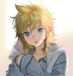 Rule 34 | 1boy, backlighting, blonde hair, blue eyes, blue shirt, blurry, blurry background, blush, commentary, expressionless, holding, holding towel, kagamine len, light blush, looking at viewer, male focus, naoko (naonocoto), parted lips, shirt, short hair, solo, spiked hair, sunlight, towel, upper body, vocaloid, water drop, wet, wet hair, window