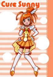 Rule 34 | 10s, 1girl, :d, boots, bow, bowtie, brooch, character name, choker, cure sunny, dress, earrings, eyelashes, full body, hair bun, hair ornament, hairpin, hand on own hip, happy, hino akane (smile precure!), hip focus, jewelry, nanjou akimasa, open mouth, orange background, orange bow, orange bowtie, orange dress, orange eyes, orange hair, orange skirt, orange theme, precure, red shorts, short hair, shorts, shorts under skirt, single hair bun, skirt, smile, smile precure!, solo, thigh boots, thighhighs, white thighhighs