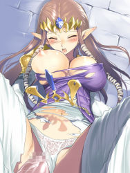 Rule 34 | against wall, blush, breasts, brown hair, censored, clothing aside, gem, hima, huge breasts, jewelry, large breasts, long hair, nintendo, nipples, open mouth, panties, panties aside, princess zelda, sex, spread legs, the legend of zelda, torn clothes, underwear, vaginal