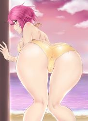 Rule 34 | 1girl, absurdres, ass, back, bad id, bad pixiv id, bare shoulders, beach, bent over, beruko14, bikini, blush, bracelet, breasts, cameltoe, cloud, cyphers, from behind, grey eyes, highres, huge ass, jewelry, kneepits, knees together feet apart, large breasts, leaning, leaning forward, looking at viewer, looking back, panties, parted lips, pink hair, rebecca rushton, shiny skin, short hair, sideboob, smile, solo, star (sky), swimsuit, twilight, underwear, water, yellow bikini