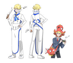 Rule 34 | 1boy, 99akt1031, alternate costume, apron, ascot, blonde hair, blue ascot, buttons, clenched hand, collared shirt, commentary request, creatures (company), game freak, gen 1 pokemon, gen 2 pokemon, hand on own hip, highres, holding, holding knife, knife, long sleeves, magikarp, male focus, multiple views, necktie, nintendo, octillery, on head, pants, pokemon, pokemon xy, red necktie, shirt, shoes, short hair, siebold (pokemon), simple background, sparkle, standing, sweater, themed object, waist apron, white apron, white background, white footwear, white pants, white shirt