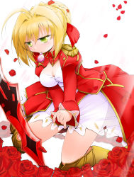 Rule 34 | 1girl, absurdres, aestus estus, ahoge, anbee (arary), armored boots, between legs, blonde hair, blush, boots, braid, breasts, cleavage, closed mouth, coat, dress, embarrassed, epaulettes, fate/extra, fate (series), female focus, flower, french braid, green eyes, hair bun, hair intakes, half-closed eyes, hand between legs, have to pee, highres, juliet sleeves, knee boots, kneeling, long sleeves, mouth hold, nero claudius (fate), nero claudius (fate) (all), nero claudius (fate/extra), petals, planted, planted sword, planted weapon, puffy sleeves, red coat, red flower, red rose, rose, see-through, short hair, simple background, single hair bun, solo, sword, v arms, wavy mouth, weapon, white background, white dress, yellow footwear